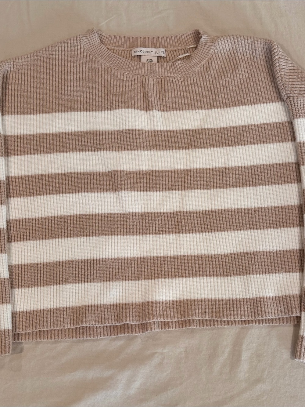 Sincerly Jules Beige and Cream Striped Crewneck Sweater